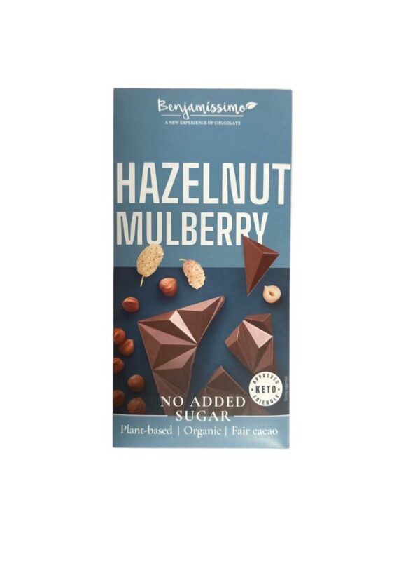 Benjamissimo bio vegán cukormentes tejcsokoládé pörkölt mogyoróval és fehér eperrel 60g